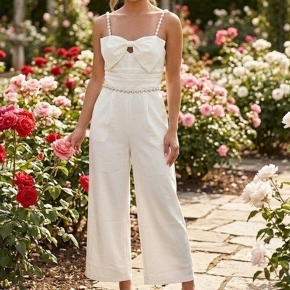 ChicMe Pearl Strap Bow Front Wide Leg Jumpsuit White M Bridal Engagement Party
